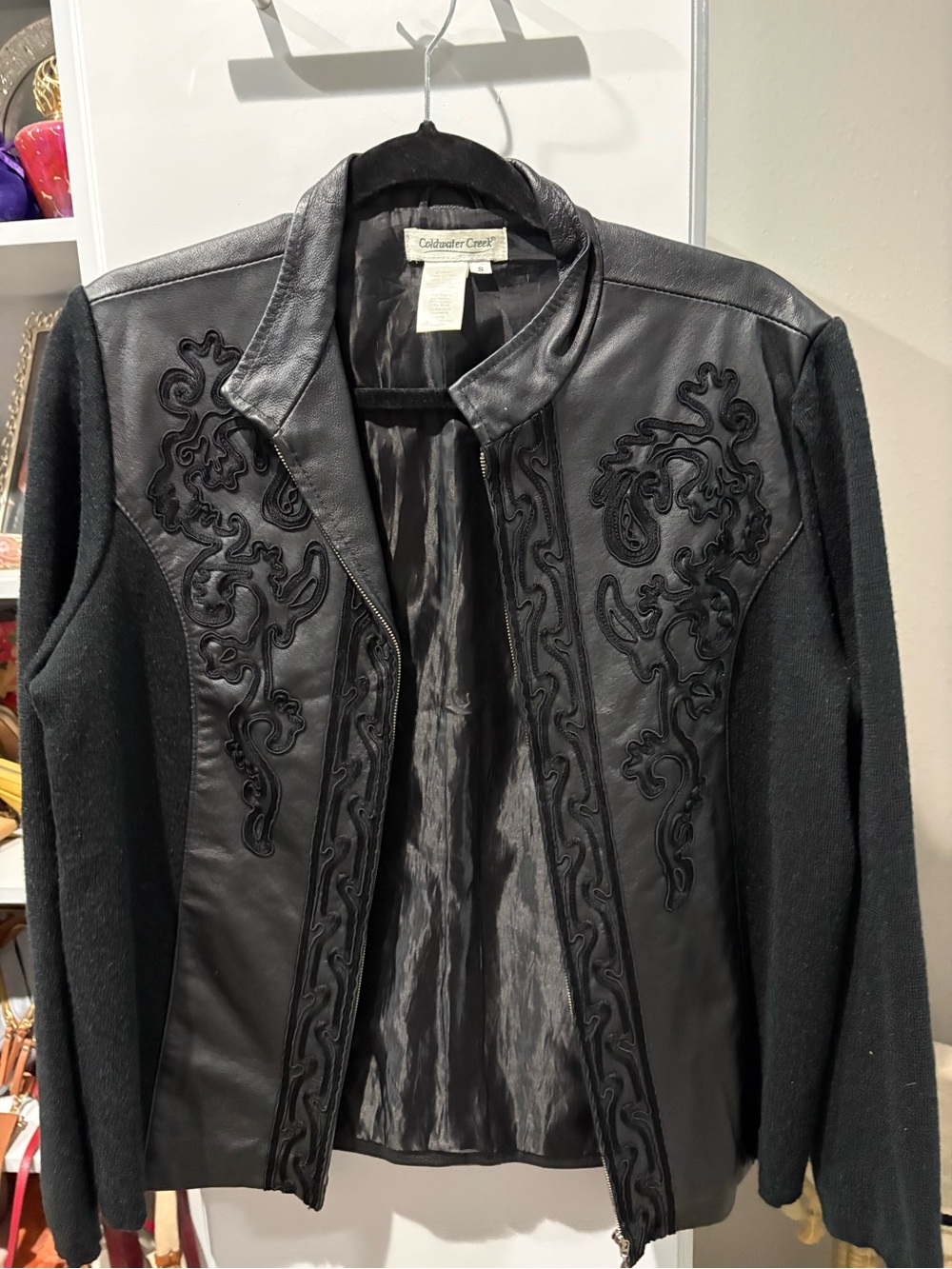 Coldwater Creek Black Leather & Knit Jacket with Embroidered Appliqué